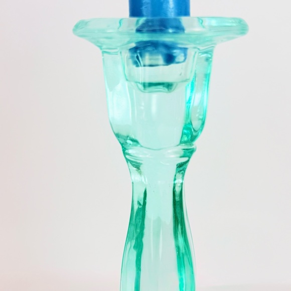 Vintage Set Of 2 Aqua Blue  Art Deco Glass Candlesticks Holders. Mid-Century Mod - Picture 11 of 13